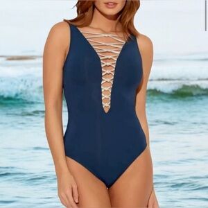 Bleu Rod Beattie Blue Silver One Piece Swimsuit NWT $109 Retail
